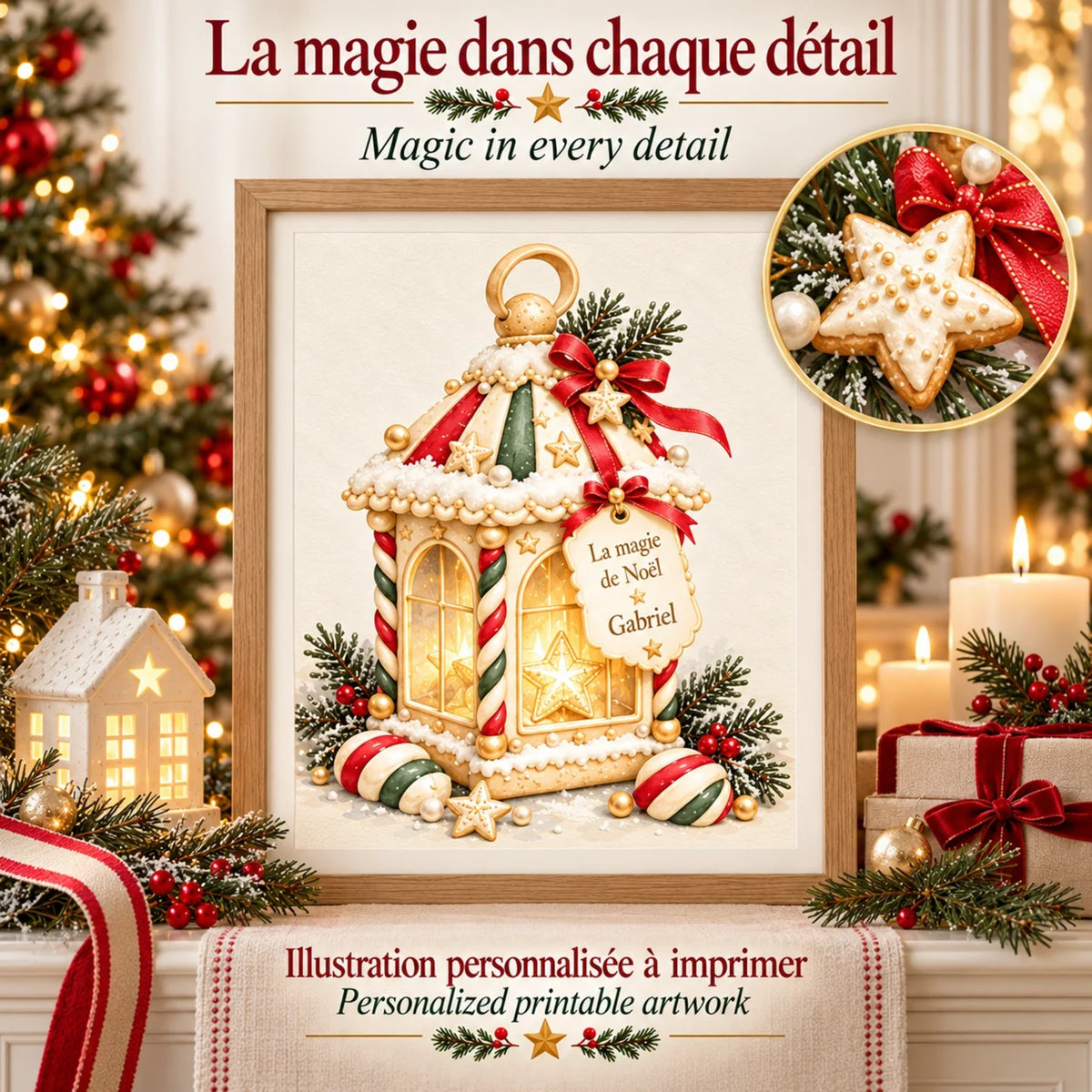 Affiche de Noël personnalisée : la magie dans chaque détail, lanterne encadrée dans un salon décoré pour Noël