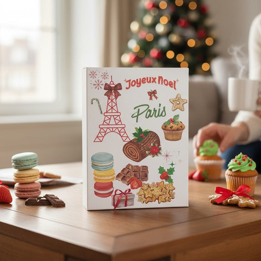 Affiche Noël Paris avec design festif et éléments parisiens élégants
