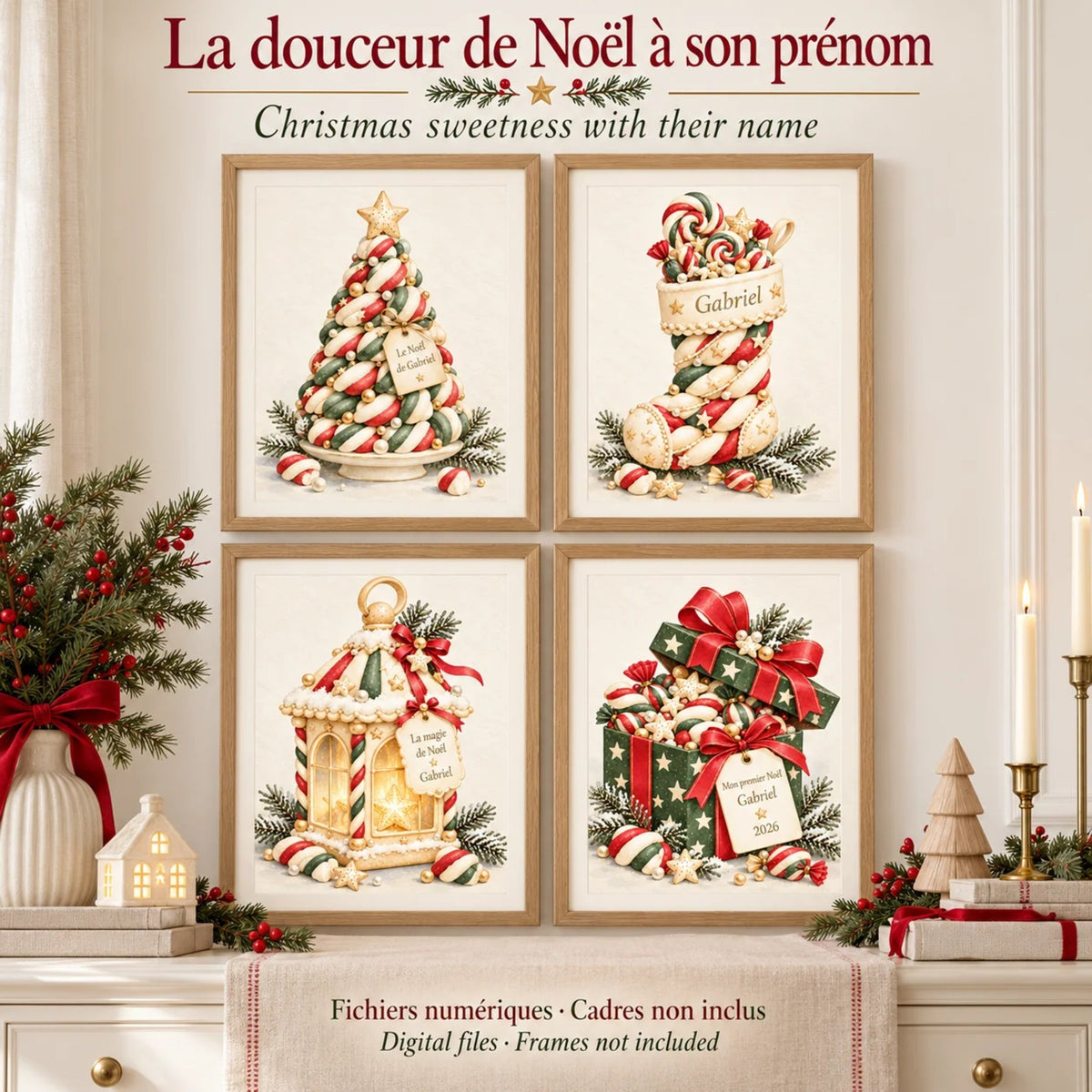 Affiches de Noël personnalisées : 4 affiches sapin, cadeau, lanterne et chaussette en sucres d'orge au prénom de l'enfant, déco de Noël rouge et verte