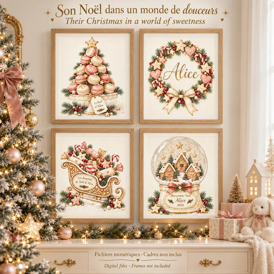 Affiches de Noël personnalisées : 4 affiches sapin de macarons, couronne, traîneau et boule à neige au prénom de l'enfant, déco de Noël rose et dorée