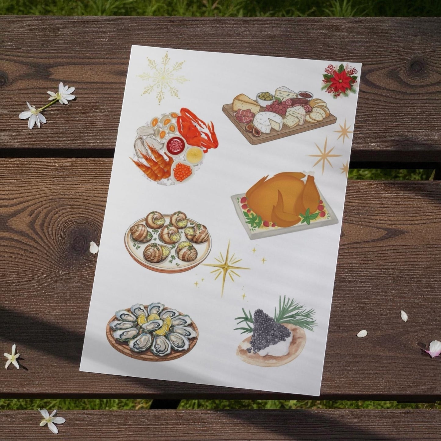 Affiche Noël illustrant un repas de fête chaleureux, poster mural design idéal pour une décoration conviviale de fin d’année.