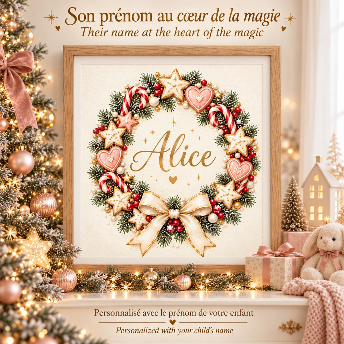 Cadeau de Noël enfant : son prénom au cœur de la magie, affiche couronne encadrée près du sapin