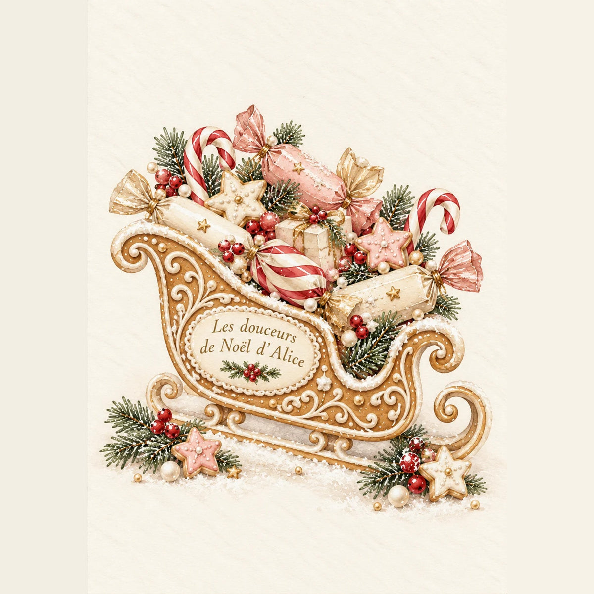 Affiche de Noël personnalisée : traîneau en pain d'épices rempli de douceurs, Les douceurs de Noël et prénom