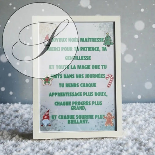 Affiche Joyeux Noël Maîtresse avec illustration festive 