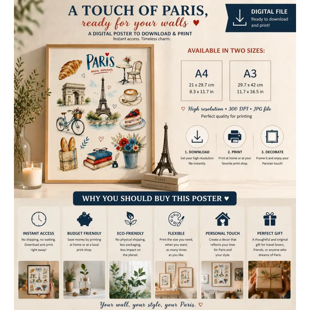 Affiche paris vintage en style aquarelle avec tour eiffel et croissant pour décoration murale élégante 