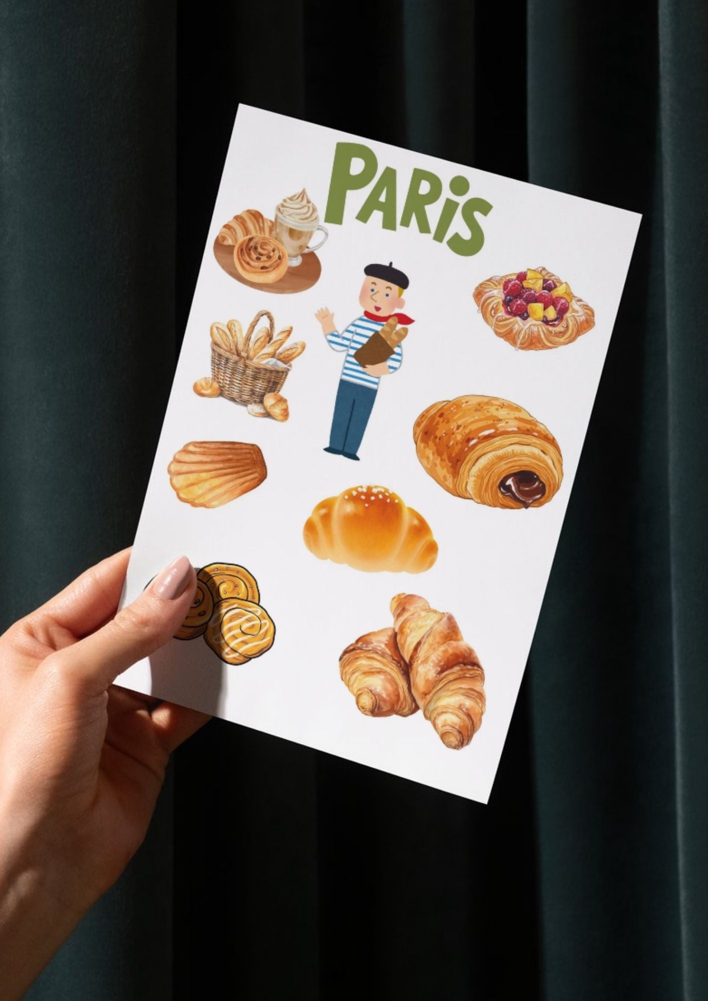 Poster Paris ambiance bistrot avec illustration de pâtisseries françaises 