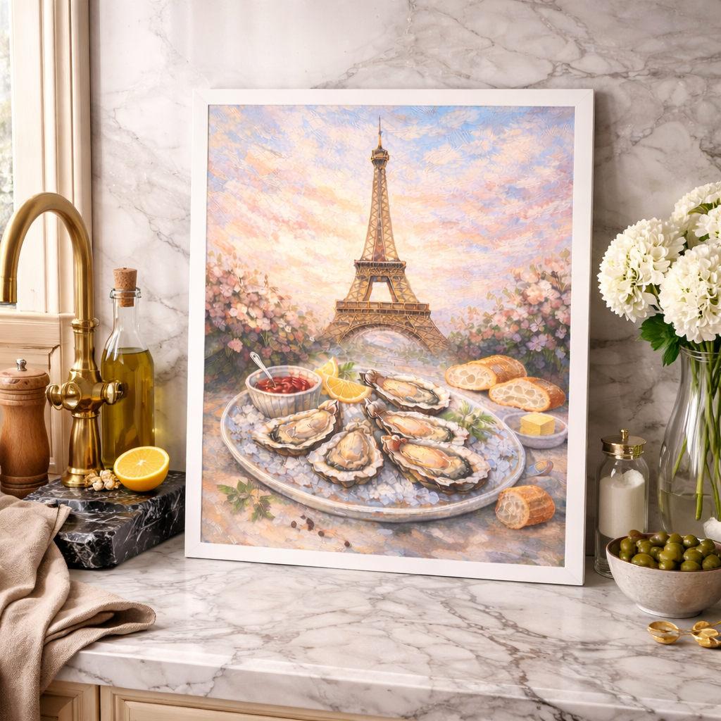Affiche Paris artistique avec huîtres et Tour Eiffel pour décoration murale chic

