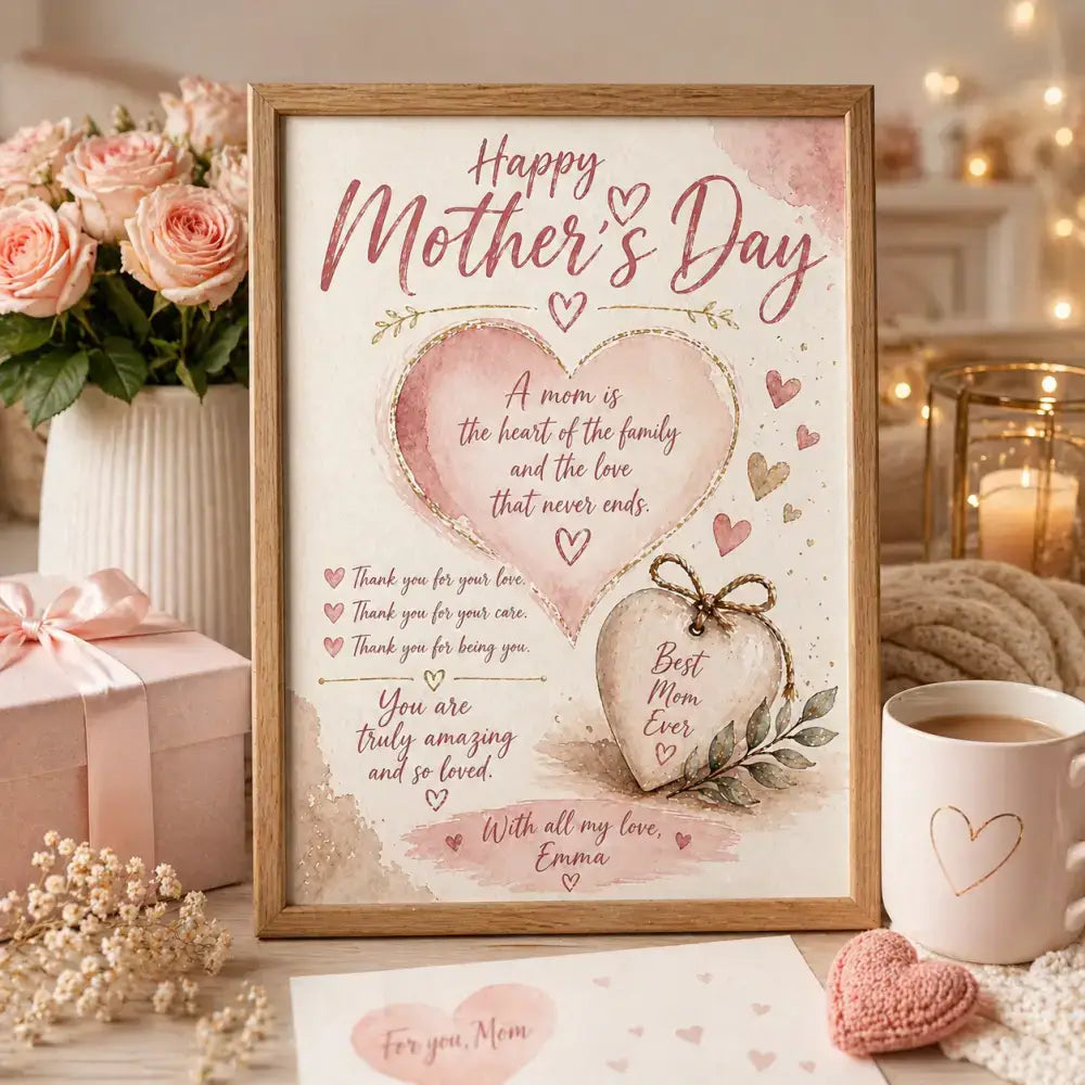 Affiche personnalisée fête des mères avec design aquarelle rose et or et texte happy mothers day en lettrage élégant