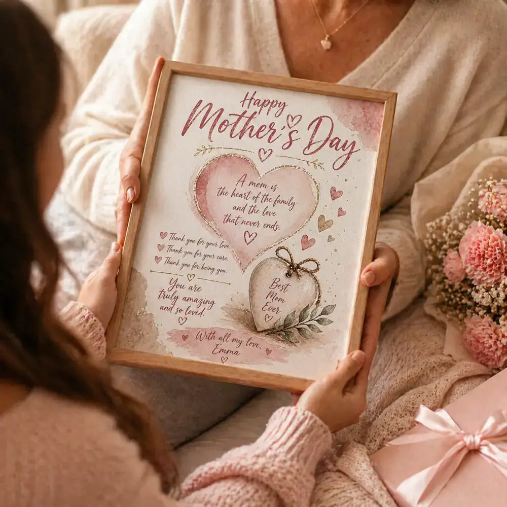 Affiche personnalisée fête des mères avec design cœur rose blanc en aquarelle cadeau fête des mères