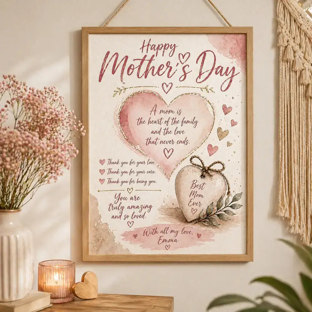 Affiche personnalisée fête des mères en aquarelle rose et crème avec message coeur et ruban meilleur maman cadeau fête des mères