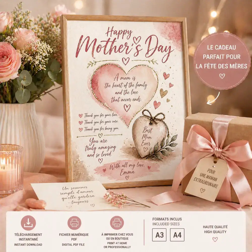 Affiche personnalisée fête des mères avec cœur aquarelle et script rose pour cadeau fête des mères à imprimer