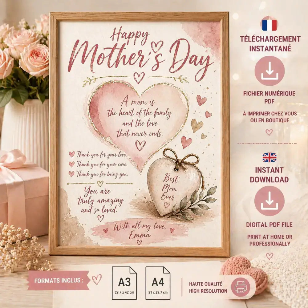 Affiche personnalisée fête des mères en aquarelle avec cœur rose et beige cadre bois rustique cadeau fête des mères