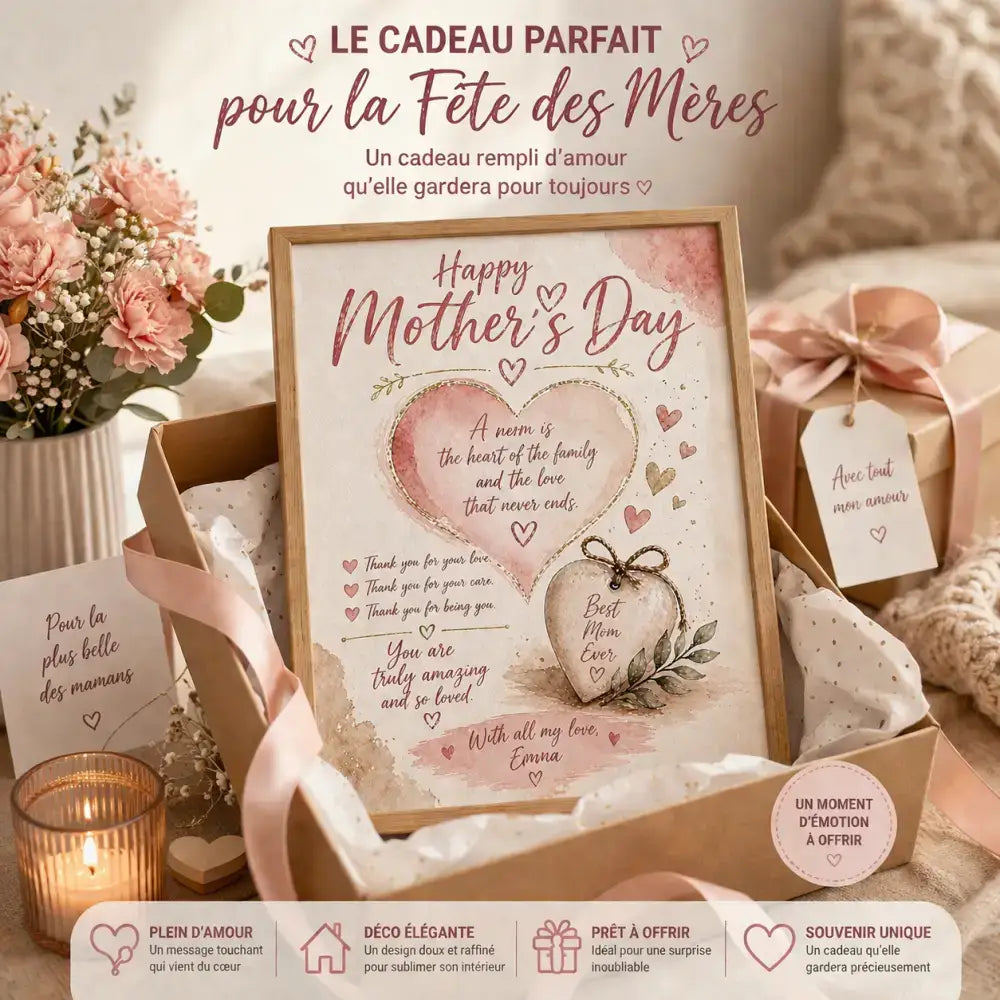 Affiche personnalisée cadeau fête des mères cœur rose en aquarelle encadré en bois clair avec dessin best mom ever
