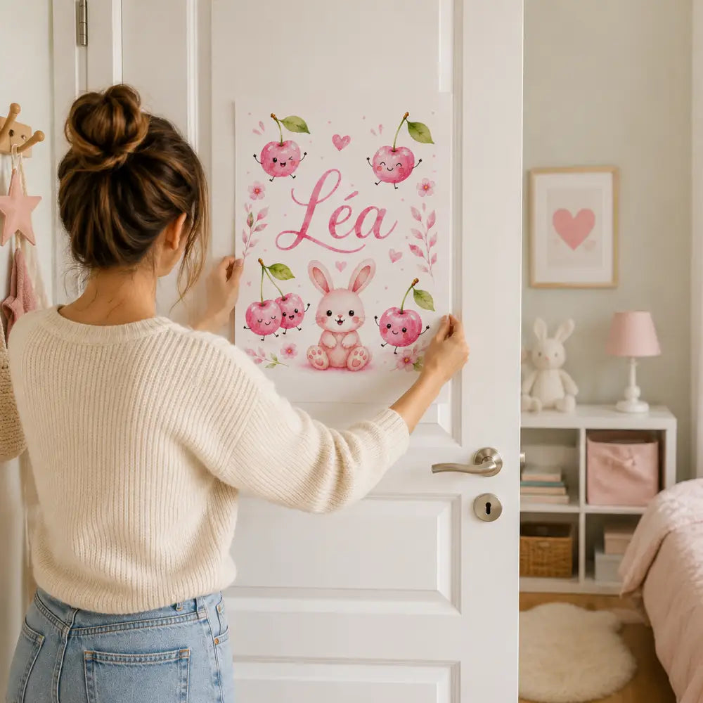 Affiche personnalisée à imprimer rose avec un lapin mignon, des cerises et le prénom , cadeau naissance parfait
