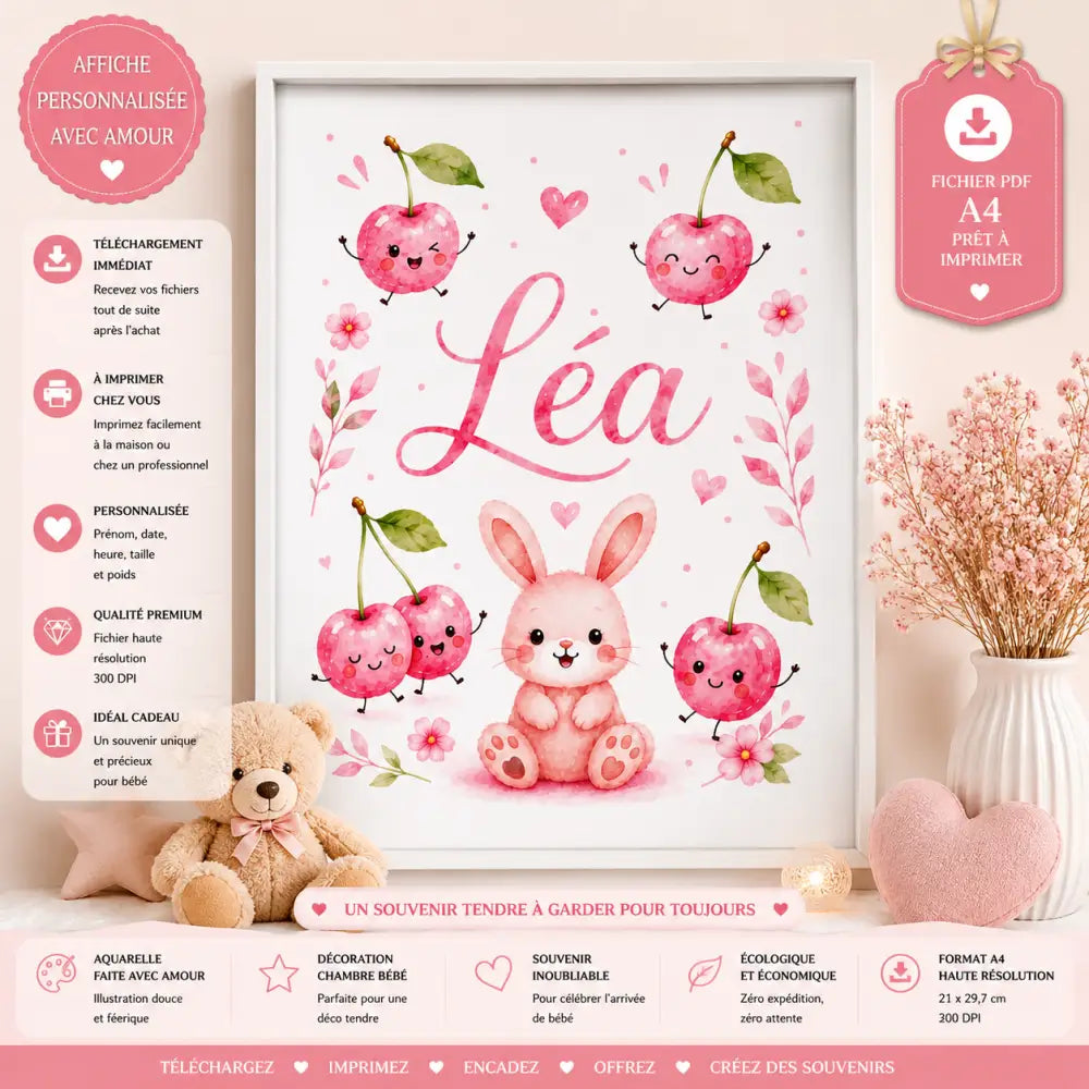 Affiche personnalisée à imprimer rose avec poster prénom léa, décor bébé lapin cerises fleurs, cadeau naissance idéal