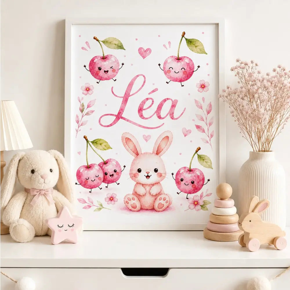 Affiche personnalisée à imprimer rose avec un lapin et des cerises souriantes cadeau naissance prénom 