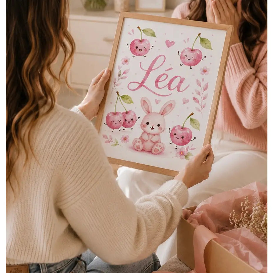 Affiche personnalisée à imprimer cadeau naissance avec lapin rose et cerises 