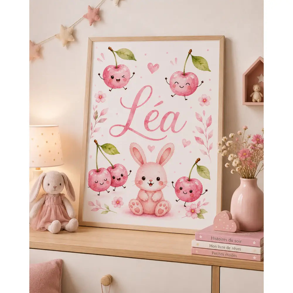Affiche personnalisée à imprimer avec un lapin rose et des cerises souriantes autour du prénom léa pour cadeau naissance