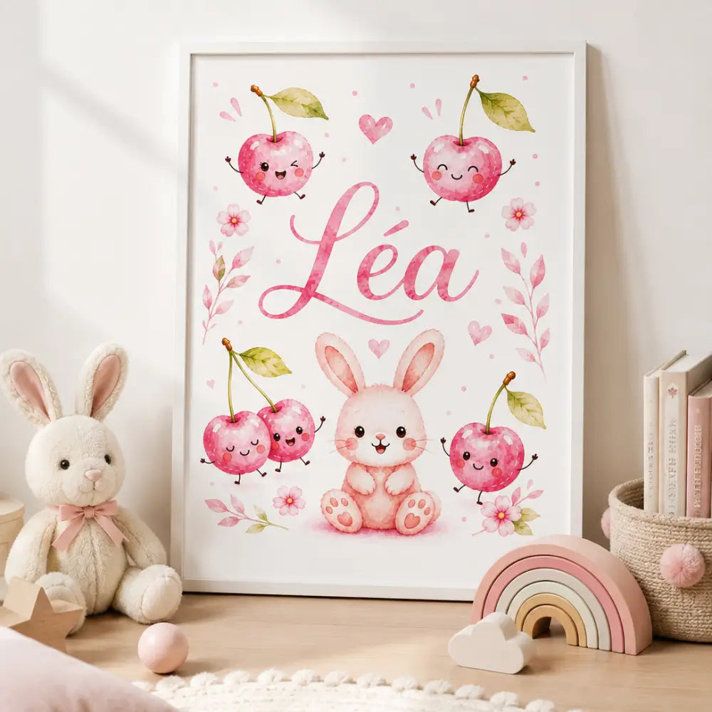 Affiche personnalisée à imprimer avec un lapin rose et cerises joyeuses autour du prénom léa pour cadeau naissance