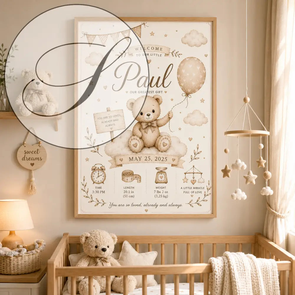 Affiche de naissance encadrée fr avec illustration d’un ours en peluche beige tenant un ballon sur des nuages et détails personnalisés