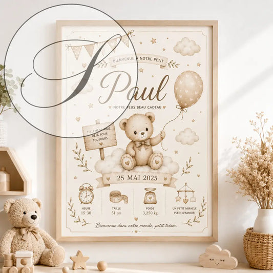 Illustration dours en peluche beige sur affiche de naissance encadrée avec accents pastel doux et détails délicats