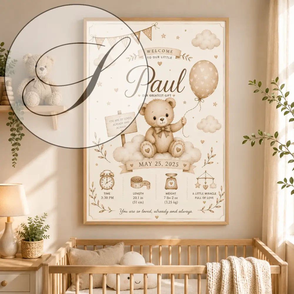 Affiche de bienvenue nouveau-né avec illustration dours beige tenant un ballon assis sur des nuages et statistiques bébé en dessous
