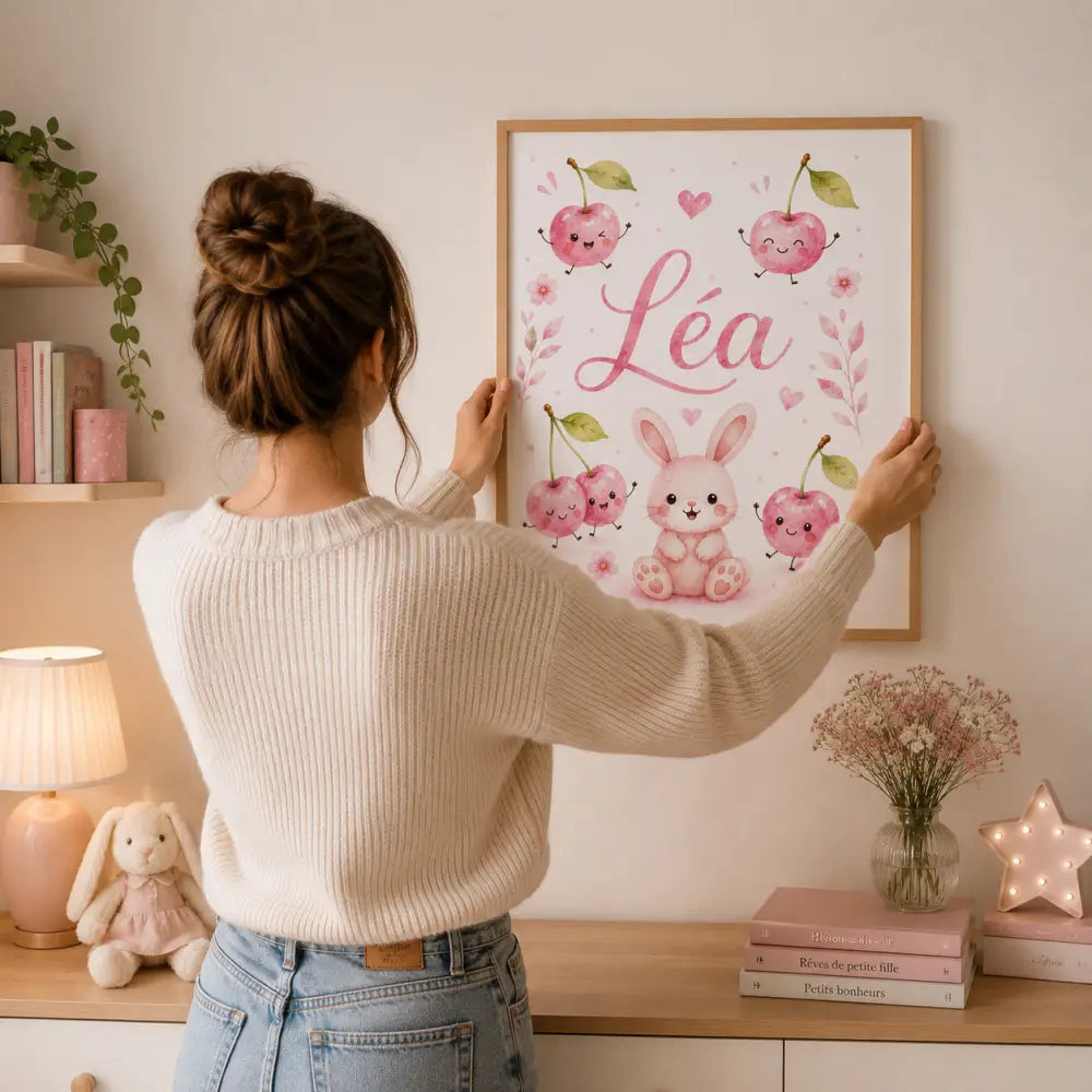 Affiche personnalisée à imprimer avec une aquarelle de cerises roses, un lapin et le prénom léa, cadeau naissance idéal