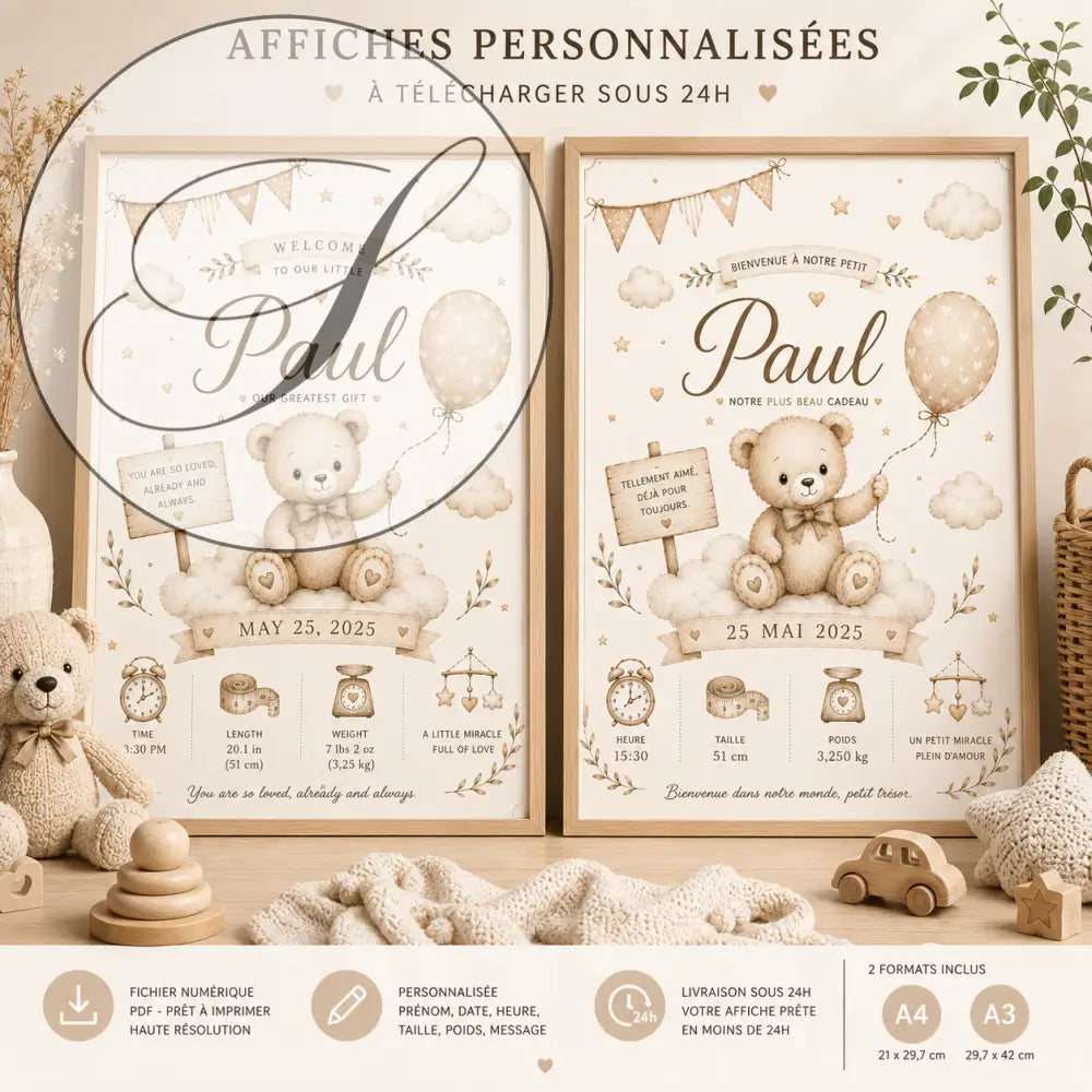 Ours en peluche beige tenant un ballon assis sur des nuages avec texte personnalisé date et poids en dessous