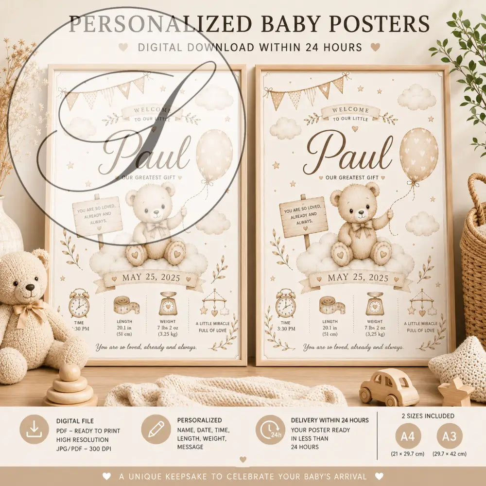 Ours en peluche beige tenant un ballon assis sur des nuages avec détails personnalisés pour bébé imprimés dessous