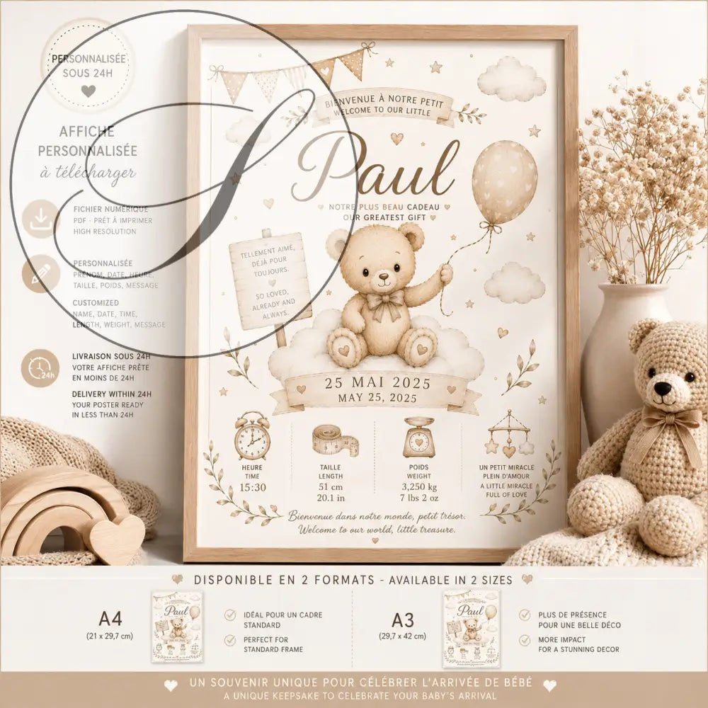 Affiche d’arrivée bébé personnalisée avec cadre beige, ours en peluche tenant un ballon, détails nom date naissance mesures