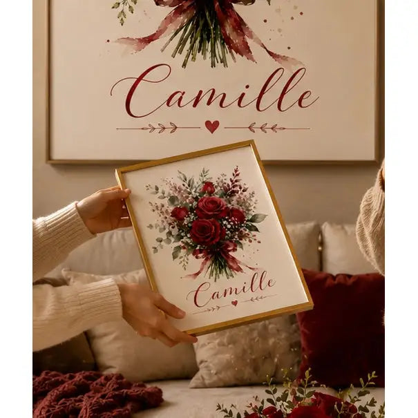 Affiche personnalisée prénom gold encadrée avec bouquet de roses rouges et le nom camille idéale cadeau femme original
