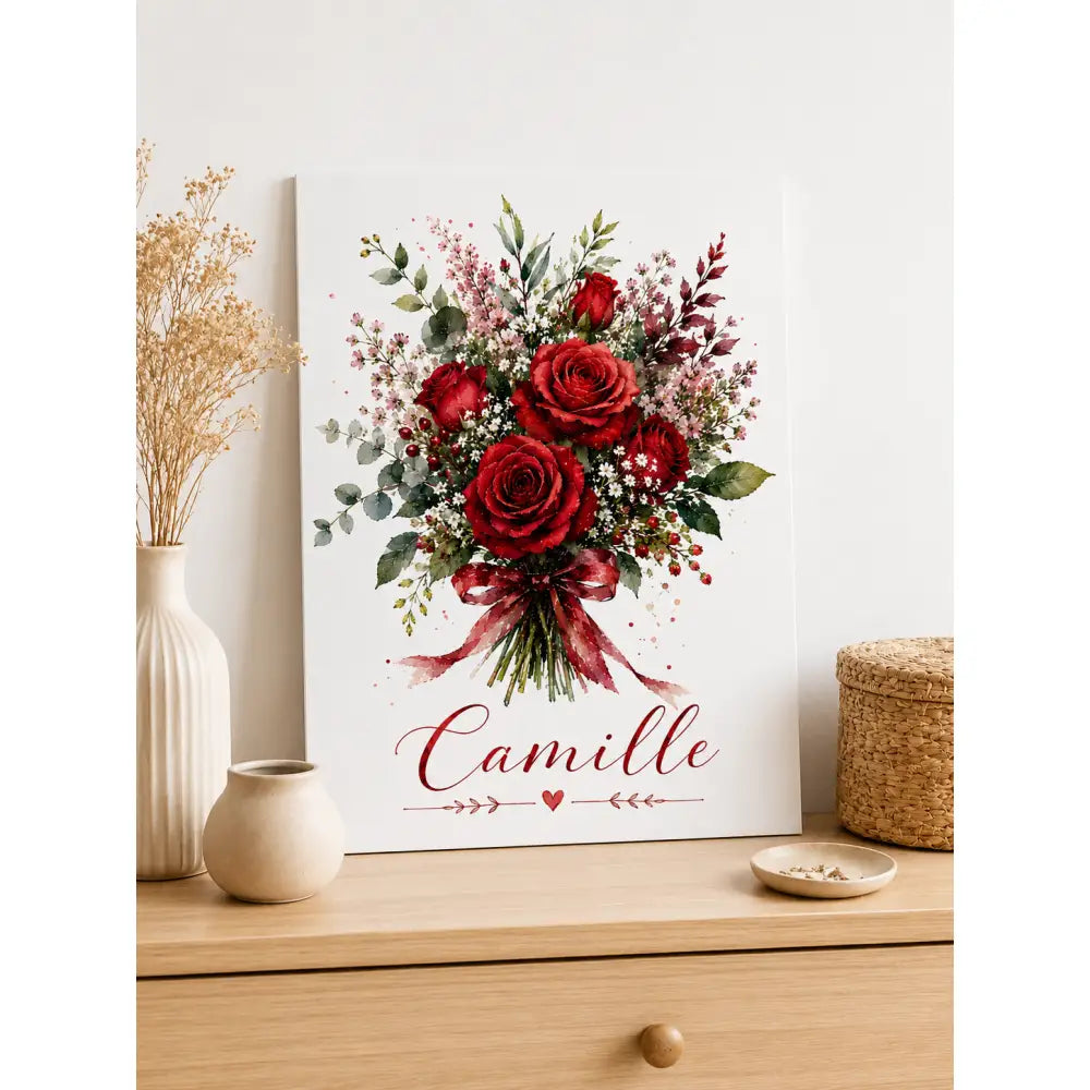 Affiche personnalisée prénom avec bouquet de roses rouges en aquarelle sur toile, cadeau femme original décoratif