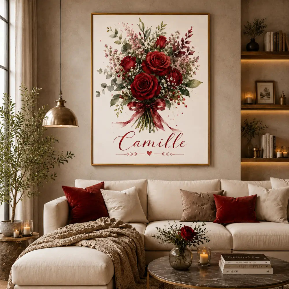 Affiche personnalisée prénom avec bouquet de roses rouges et ruban marron parfait comme cadeau femme original