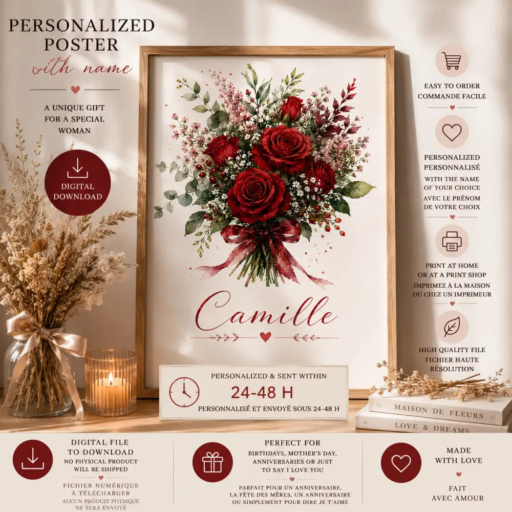 Affiche personnalisée prénom avec bouquet de roses rouges et cadre en bois clair idéale comme cadeau femme original