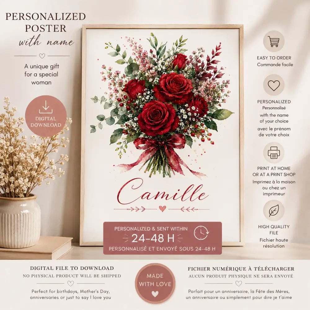 Affiche personnalisée prénom avec bouquet de roses rouges et cadre en bois clair idéal cadeau femme original