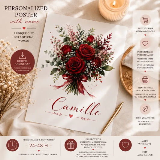 Affiche personnalisée prénom avec bouquet de roses rouges en aquarelle et ruban marron cadeau femme original