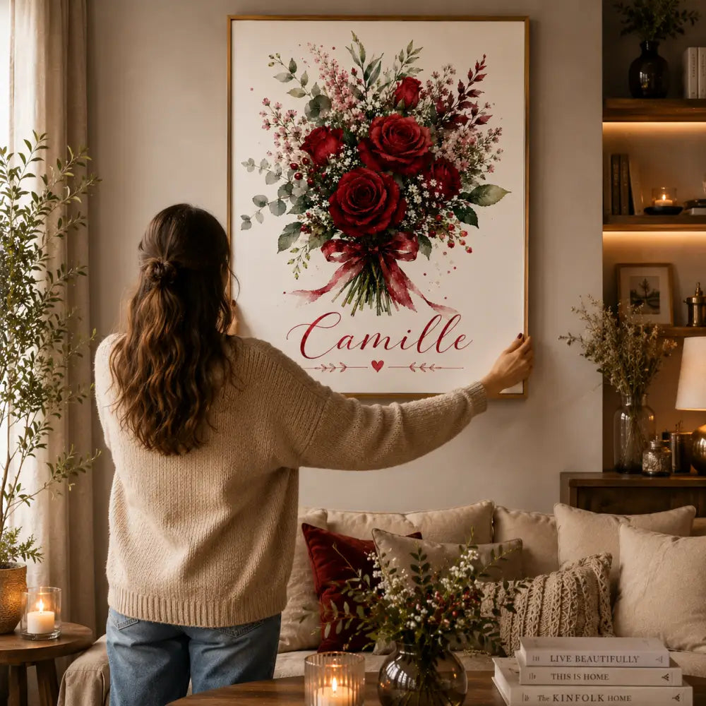 Affiche personnalisée prénom avec bouquet de roses rouges et ruban bordeaux cadeau femme original encadré