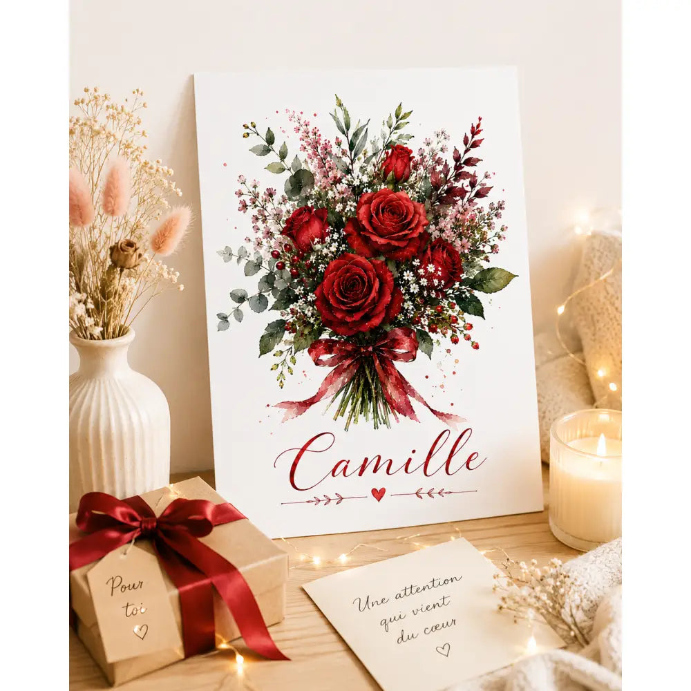 Affiche personnalisée prénom en toile blanche avec bouquet de roses rouges et ruban rouge cadeau femme original