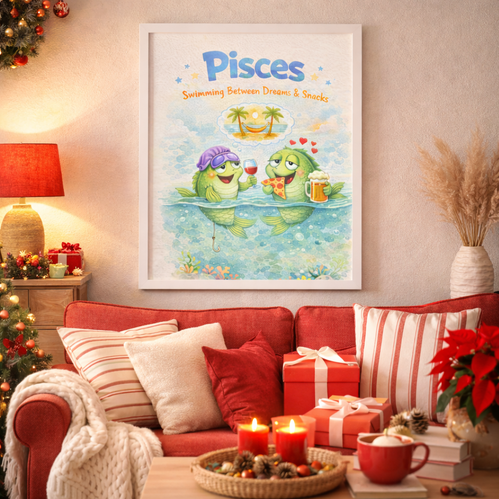 Slogan "Nage entre rêves et snacks" - Affiche Poissons poétique pour fans d'astrologie