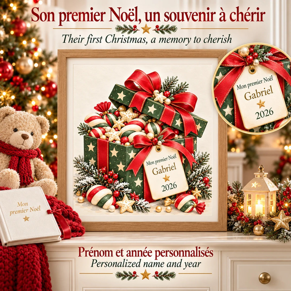 Cadeau premier Noël bébé : son premier Noël, un souvenir à chérir, affiche cadeau avec prénom et année encadrée
