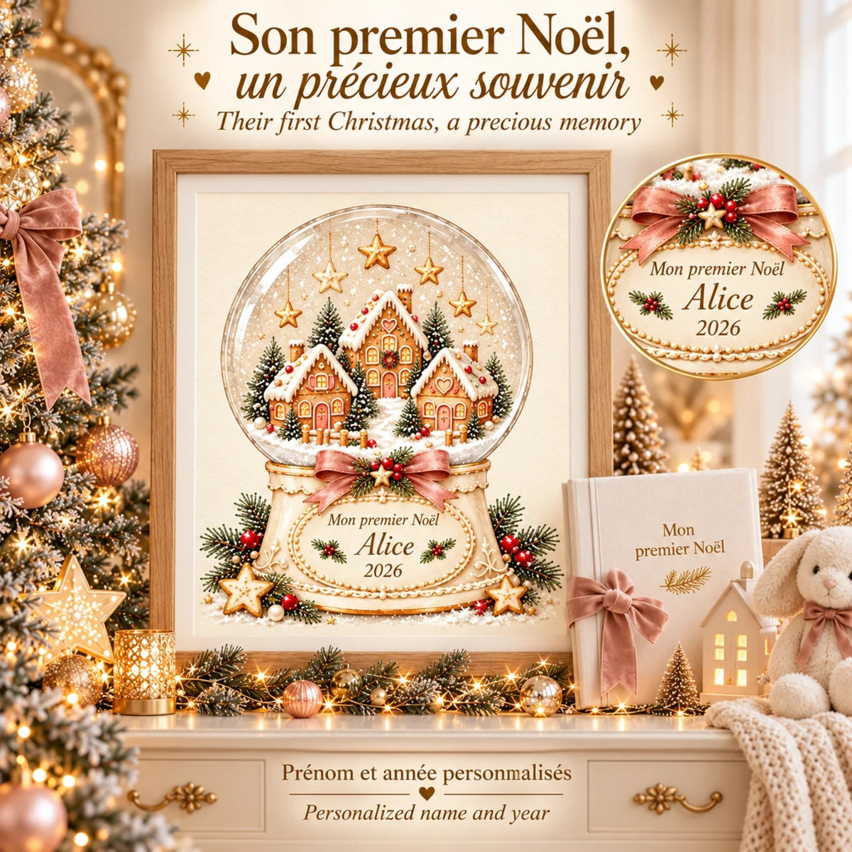 Cadeau premier Noël bébé : son premier Noël, un précieux souvenir, affiche boule à neige avec prénom et année