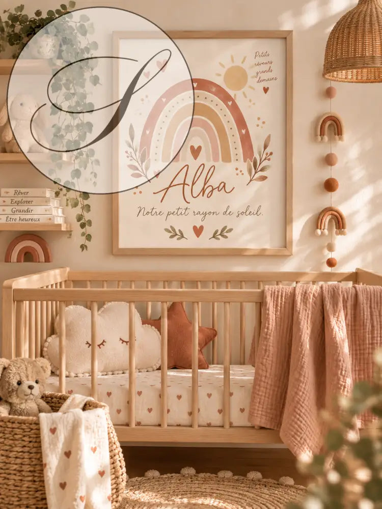 Une affiche prénom bébé personnalisée avec un arc-en-ciel pastel, cœurs et feuilles pour un cadeau naissance unique