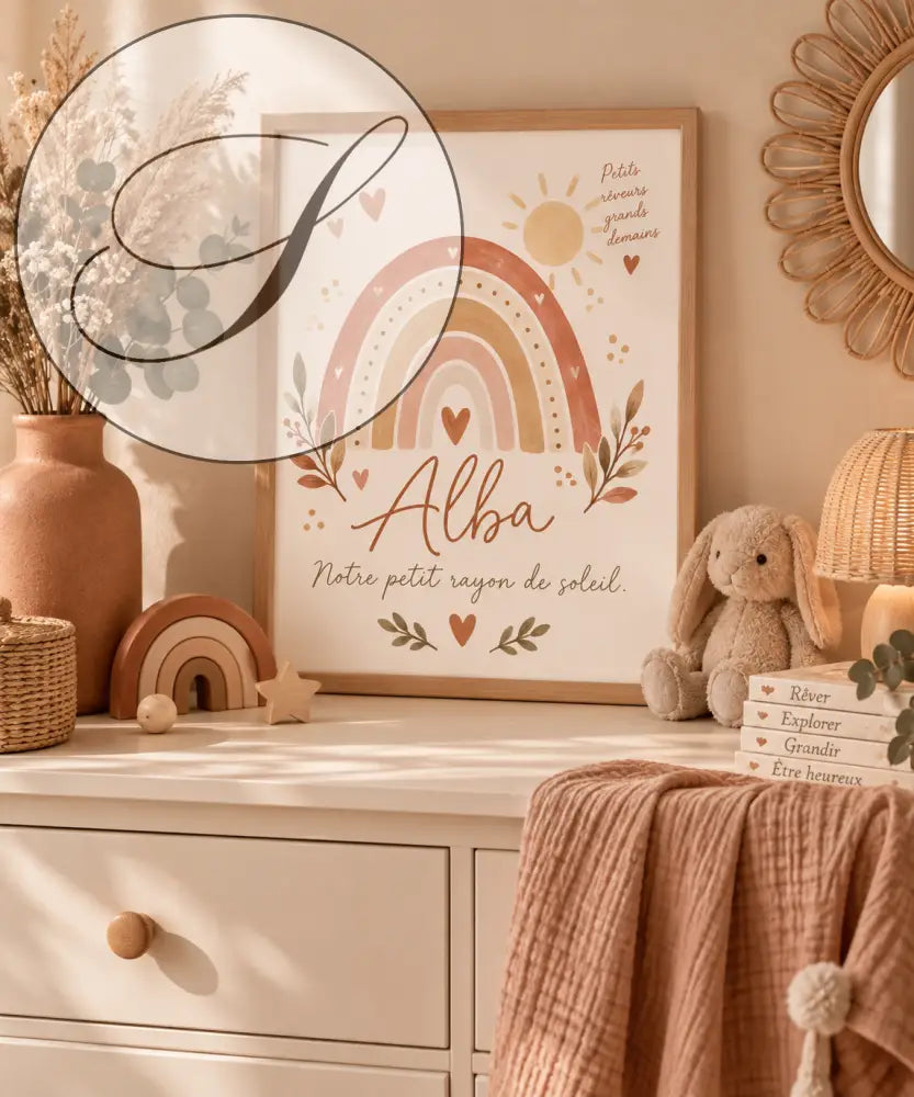 Une affiche prénom bébé personnalisée avec un arc-en-ciel pastel, cœurs et le nom alba pour cadeau naissance unique