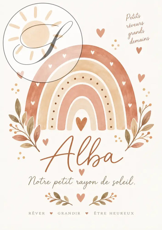 Une affiche prénom bébé personnalisée avec un arc-en-ciel aquarelle pêche et crème pour un cadeau naissance unique