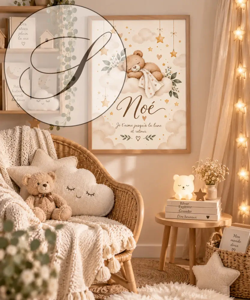 Affiche prénom bébé fille naissance personnalisé avec ourson marron cozy sur nuage blanc étoiles dorées et feuilles vertes noël