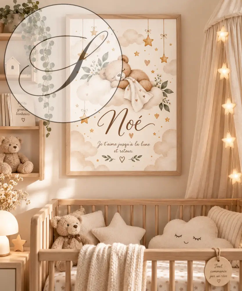 Affiche prénom ourson sur un nuage avec bébé fille endormi sur des étoiles dorées et feuilles vertes sur fond beige