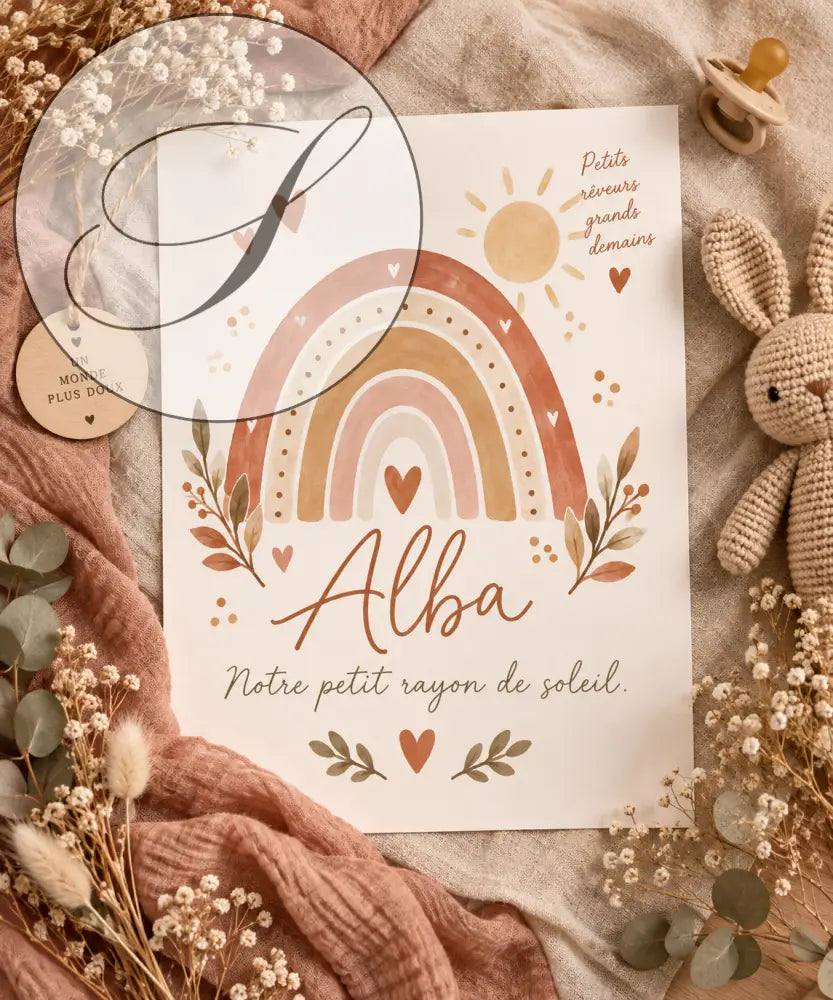 Une affiche prénom bébé personnalisée avec un arc-en-ciel aquarelle aux tons terre et détails botaniques, cadeau naissance unique