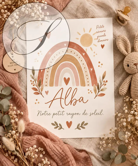 Une affiche prénom bébé personnalisée avec un arc-en-ciel aquarelle aux tons terre et détails botaniques, cadeau naissance unique
