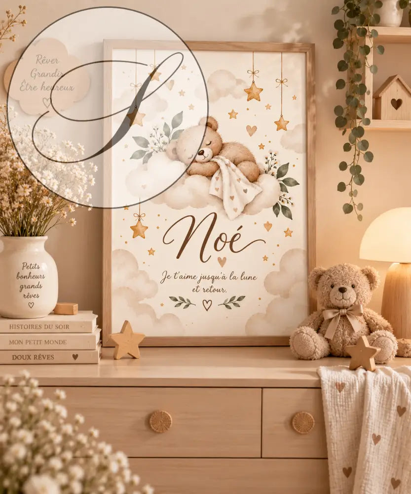 Affiche prénom bébé fille avec cadre beige montre ourson endormi dans les nuages étoiles dorées et feuilles vertes pour naissance personnalisé