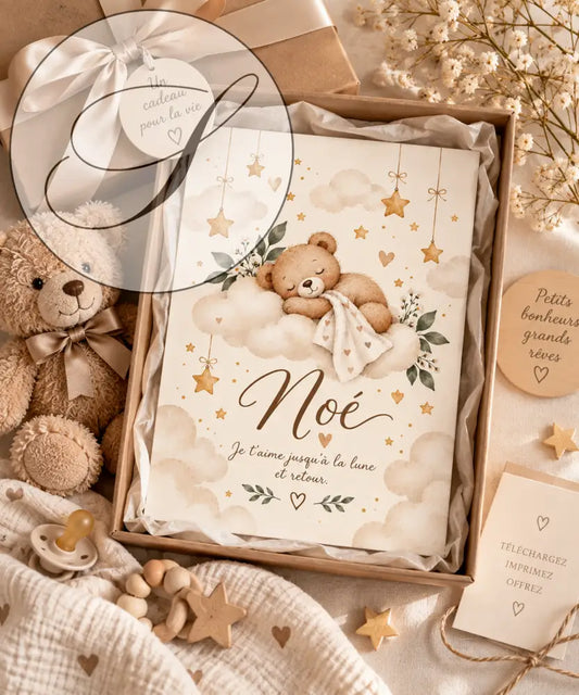 Affiche prénom ourson beige avec un teddy doux et personnalisé pour naissance bébé fille sur un nuage